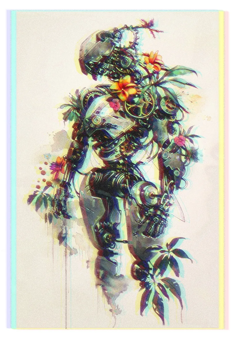 Androïde mécanique fleuri d'orchidées orange et roses, effet de décalage chromatique sur fond crème